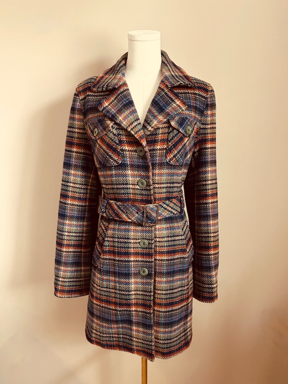 Retro Plaid Wool Blend Belted Coat Jacket Multi-Color Sz L